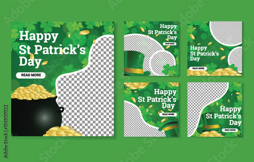 Happy st patrick s day social media post templates with clovers and gold