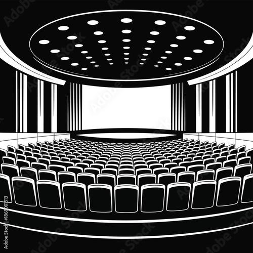 Empty auditorium with rows of seats and a large screen