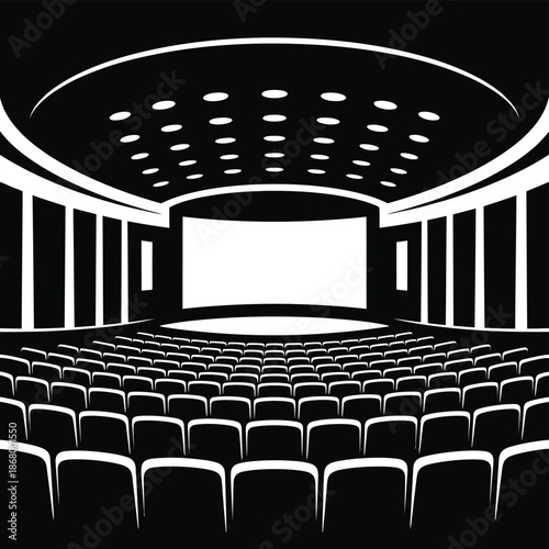A large empty movie theater with rows of seats and a screen