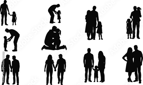 Family silhouette collection showing parents children couples love care bonding relationships isolated black vector illustration set for adobe stock design