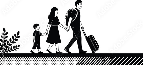 Family travel illustration showing parents and child walking together with luggage backpack journey concept isolated black vector design adobe stock