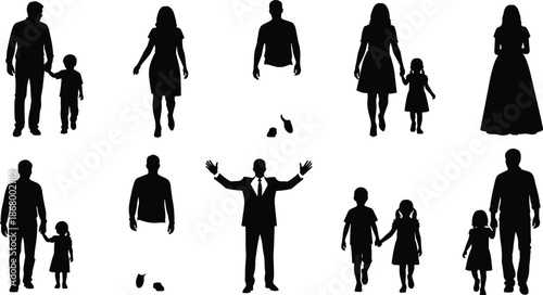Family silhouette set with parents children couples isolated black people figures walking standing vector illustration for adobe stock marketplace design
