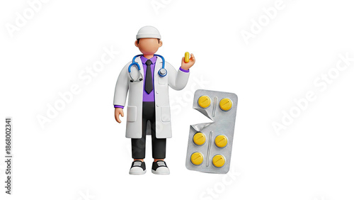3D Cartoon Doctor with Pill Blister Pack