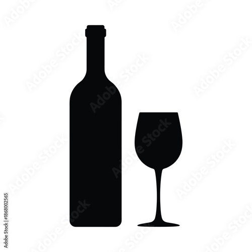 Silhouette of wine bottle and glass on white background