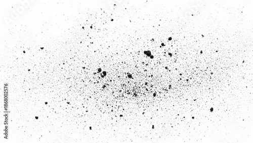 Scattered dark particles and dust specks on a white background, representing debris or fine granular material