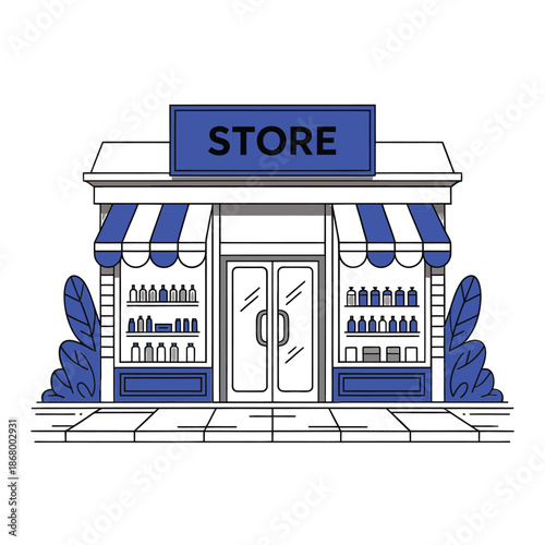 A simple illustration of a storefront with blue and white awnings and sign