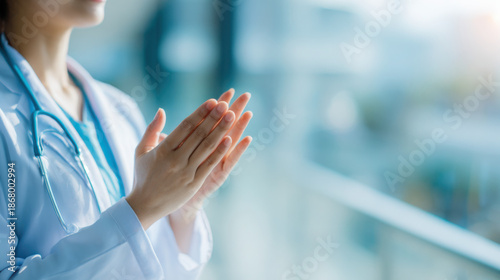 A medical professional in a white coat with a stethoscope claps their hands in front of a bright window expressing appreciation and hope.