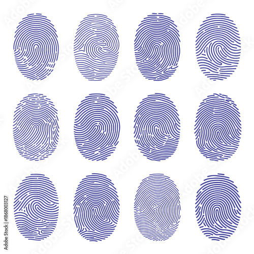 Collection of twelve unique purple fingerprints on white background