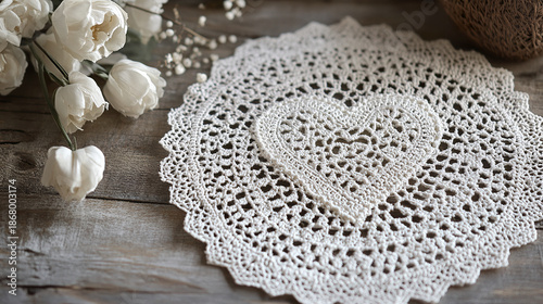 Wallpaper Mural Delicate white lace doily with intricate heart cutout pattern lies on rustic wooden surface next to soft white flowers, creating romantic and vintage atmosphere Torontodigital.ca
