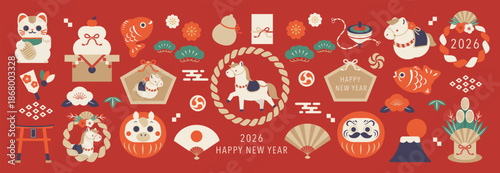 Happy New Year 2026 Japanese New Year elements vector illustration with horse zodiac, daruma, fans, lanterns and lucky icons on red background. Festive design for banners, posters and greeting cards.