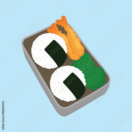Delicious Japanese Bento Box Lunch with Rice Balls and Tempura Shrimp Vector Illustration