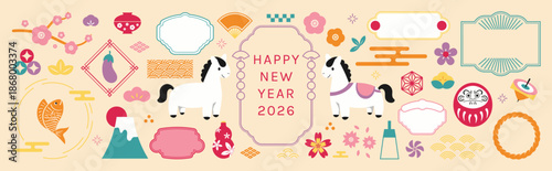 Happy New Year 2026 Japanese New Year elements vector illustration with pastel horse zodiac, Mount Fuji, flowers and lucky charms. Festive design for banners, posters and cards.
