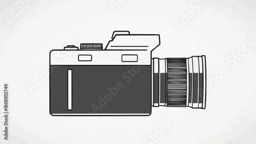 Vintage camera illustration with lens and buttons on white background.