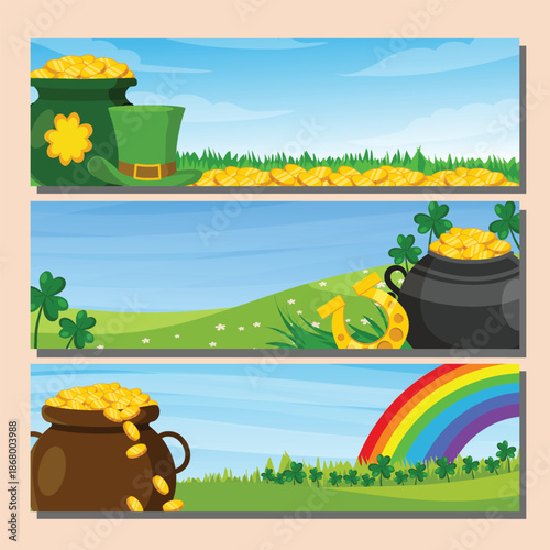St patrick s day themed banners with pots of gold rainbows and clovers