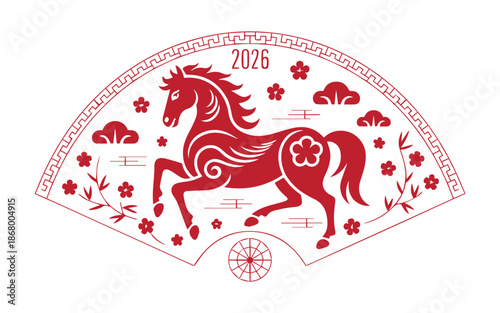 Vibrant red horse fan design for Chinese New Year 2026