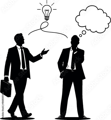 Two businessmen in black suits discussing ideas with lightbulb and thought bubble