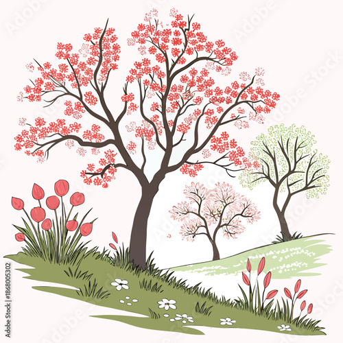 Illustration of cherry blossom trees in bloom on a grassy hillside landscape illustration
