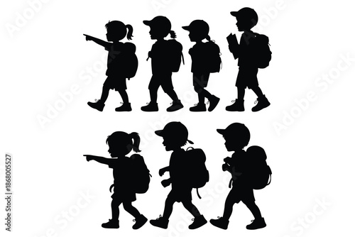 Silhouettes of children walking with backpacks kids