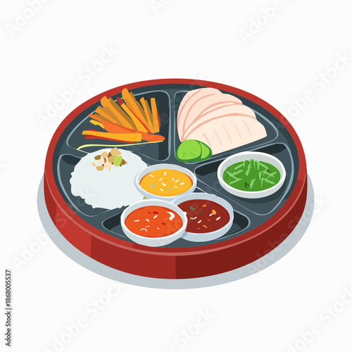 Asian bento-style meal platter with sliced chicken, white rice, fresh vegetables, and colorful dipping sauces, neatly arranged for a balanced, flavorful meal