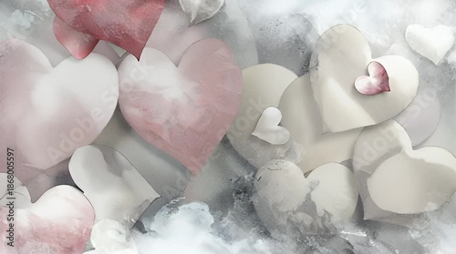 Hearts floating gently in a soft, cloudy environment viewed from above