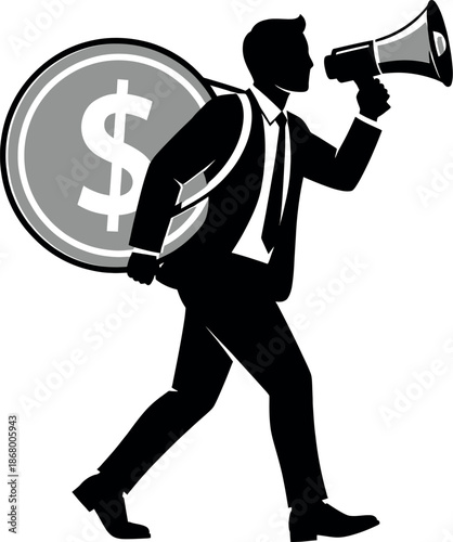 Businessman holding a megaphone and a large dollar coin