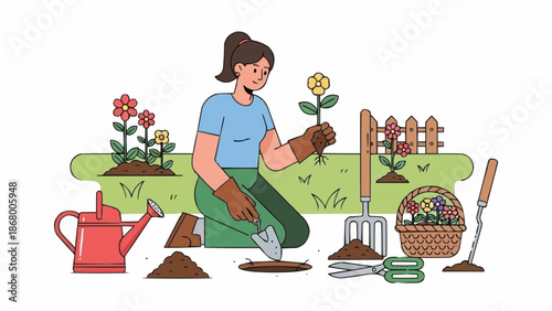 Woman planting flowers in garden with gardening tools.