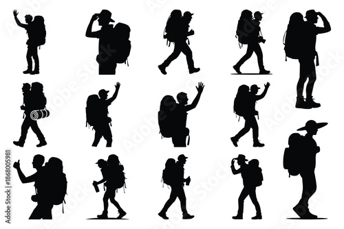 Silhouettes of Hikers with Backpacks in Various Poses