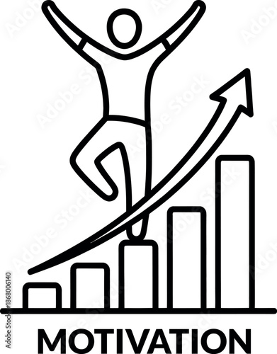 A stick figure jumping up on a rising graph with motivation text in black lines