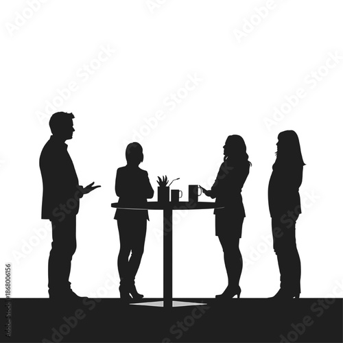 Black silhouette of business people standing around a high table having a professional discussion symbolizing teamwork networking communication and collaboration isolated on white background.