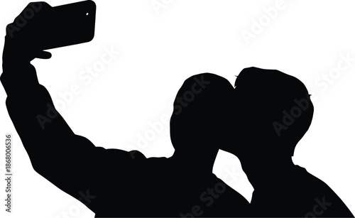 A silhouette of two people taking a selfie with a smartphone