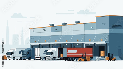Modern warehouse facility with multiple trucks and forklifts ready for loading and unloading goods.