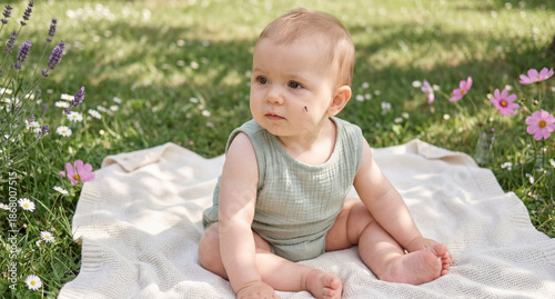 Baby with mosquito bite on their face sitting on blanket with curious expression in flower garden, outdoor sunlight

