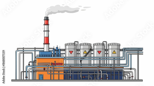 Industrial factory with smoking chimney and storage tanks.