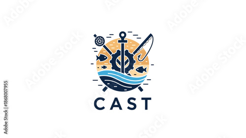 Vintage-style fishing and marine emblem with anchor, fishing rod, and waves.