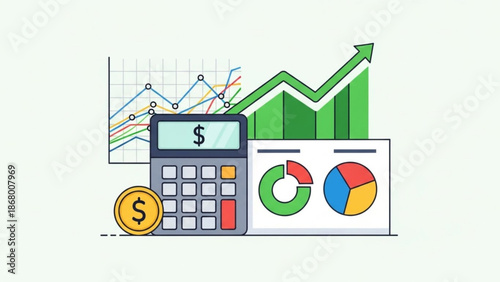 Financial growth with calculator and charts showing profit increase