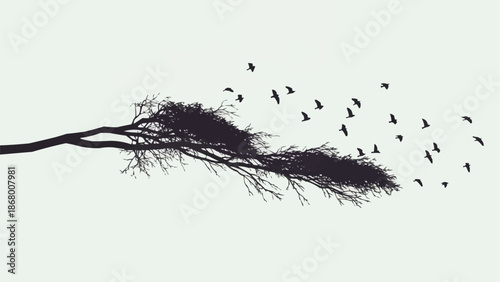 Silhouette of a tree branch with birds flying away.