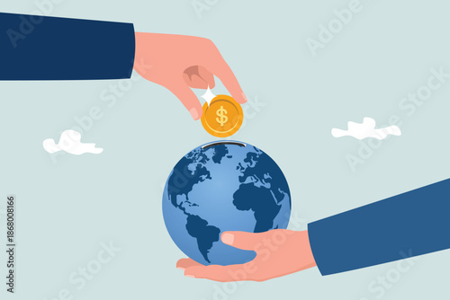 International economy, global investment, financial opportunity around the world, developed market and emerging markets concept, businessman investor hand put dollar coin money into globe coin bank.