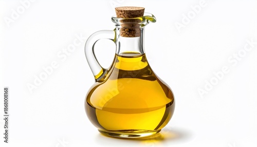 A glass cruet, full of yellow liquid, with a cork stopper, isolated on white