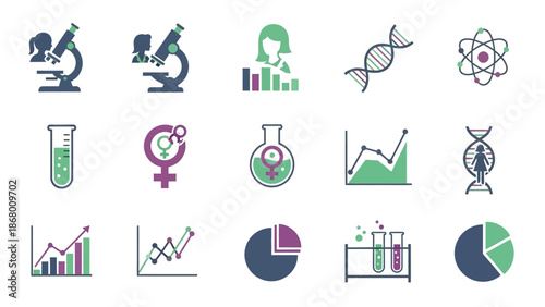 Infographic icon set for Women and Girls in Science Day featuring STEM-related graphics on a white background with a mix of colorful and minimalist illustrations.
