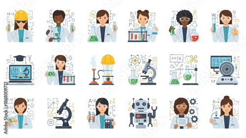Infographic icon set depicting diverse scientists and various STEM-related objects and equipment on a clean white background.