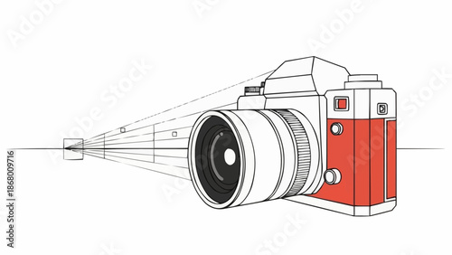 Vintage Camera with Lens and Perspective Lines Illustration.