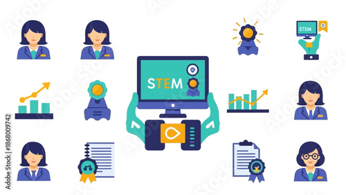 Infographic icon set featuring STEM and business elements on a clean white background, conveying a professional and educational mood with a flat lay composition.