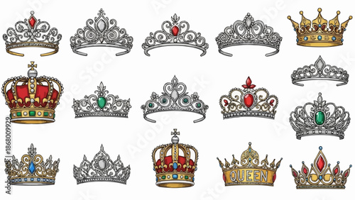 Collection of Royal Crowns and Tiaras with Jewels.