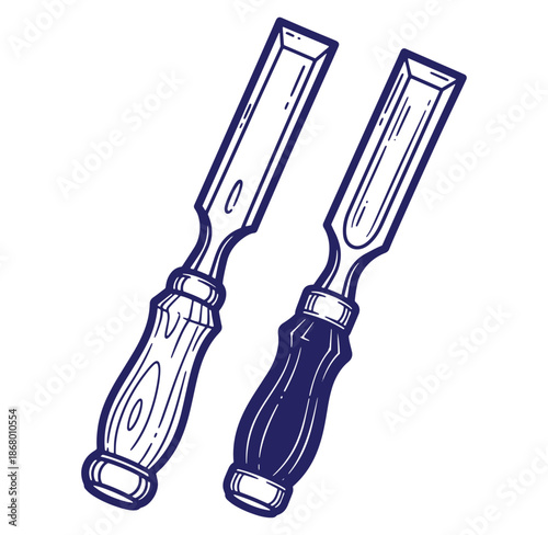 Hand drawn illustration of two chisels carpentry and woodworking tools isolated on white