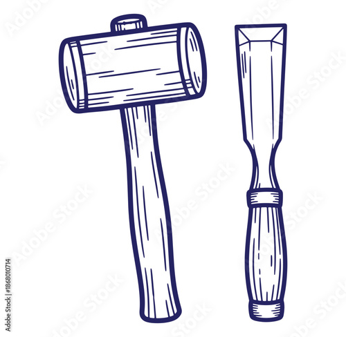 Hand drawn vector illustration of a wooden mallet and chisel tools for carpentry