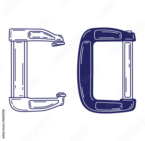 Two detailed blue and white c clamp tool illustrations isolated on white background