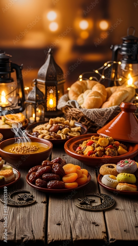 Fototapeta premium Celebrating Ramadhan with traditional food and lanterns on a wooden table