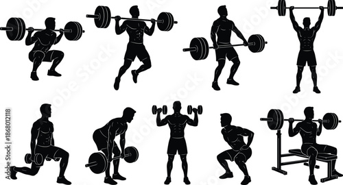 weightlifting, silhouette, barbell, dumbbell, squat, deadlift, press, lunge, posture, gym, fitness, training, exercise, athlete, motion, strength, technique, black, white, form - vector illustration