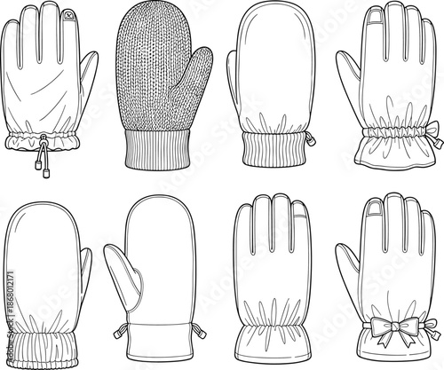 Winter Gloves and Mittens CAD Technical Drawing Collection, Knitted and Sewn Styles, Ribbed Cuffs, Drawstring and Bow Details, Flat Vector Illustration Template for Accessories Design.
