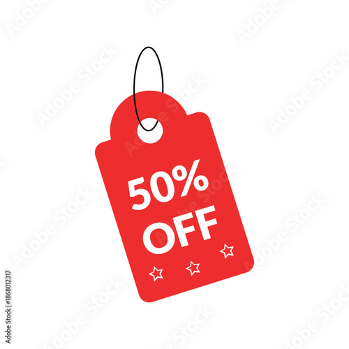 Vibrant red promotional tag showcasing a prominent fifty percent discount, ideal for advertising sales events, special offers, and limited-time price reductions in retail and e-commerce settings